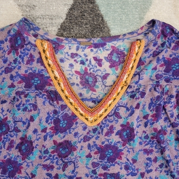 Free People Peasant Top Purple Floral Print Embroidered Neckline Knit - Picture 3 of 6